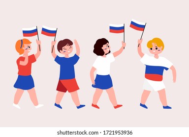 Russia independence day Concept. russian children are shaking the national flag. Hand drawn Flat vector illustrations. People Celebrate cartoon character. Happy russia day.