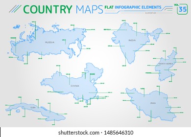 Russia, India, China, North Korea, Cuba and Iran Vector Maps