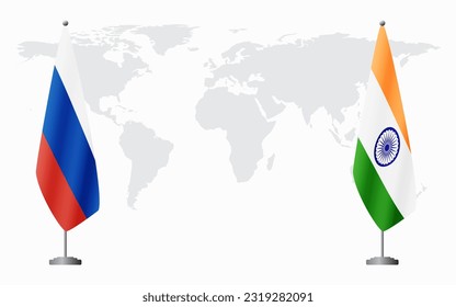 Russia and India flags for official meeting against background of world map.