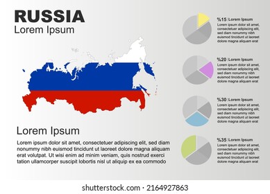 Russia infographic general use vector template with pie chart, copy space statistics idea, Russia country flag map with graphic, presentation idea, blank area graph for data, grey background