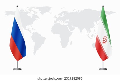 Banderas de Rusia e Irán para una reunión oficial en el fondo del mapa mundial.