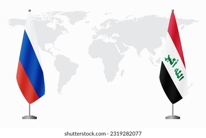 Rusia e Iraq banderas para una reunión oficial en el fondo del mapa mundial.