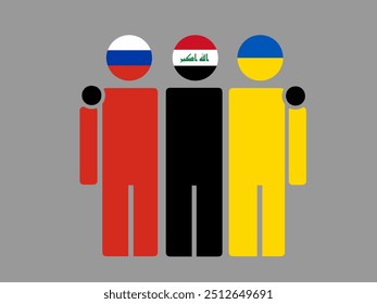 Russia, Iraq, and Ukraine National Flags With Embracing Body. Vector Illustration. Isolated background.