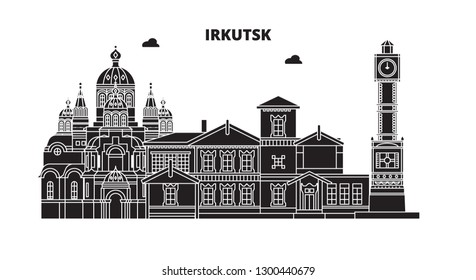 Russia, Irkutsk. City skyline: architecture, buildings, streets, silhouette, landscape, panorama. Flat line, vector illustration.