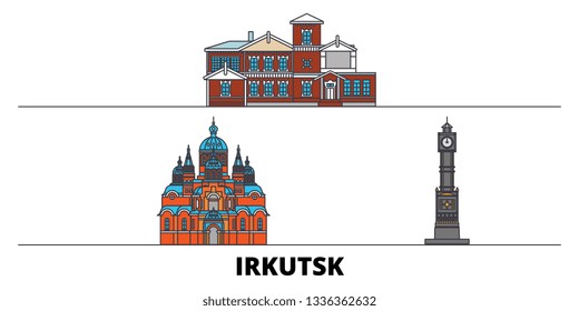 Russia, Irkutsk flat landmarks vector illustration. Russia, Irkutsk line city with famous travel sights, skyline, design. 