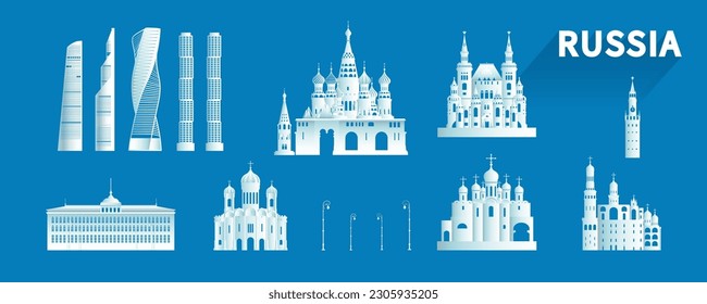 Russia isolated architecture icon set and symbol with tour europe landmark for brochure, Travel landmarks Russia with isolated silhouette architecture on blue background, advertisement, template.