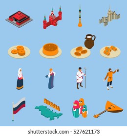 Russia isometric touristic icons set of famous buildings traditional russian cuisine national constumes and symbols isolated vector illustration