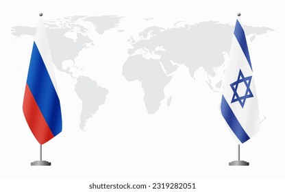 Rusia e Israel banderas para una reunión oficial en el fondo del mapa mundial.