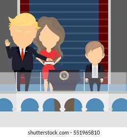 Russia, January, 09. 2017. Inauguration Of Trump Standing On The Tribune With Wife And Son. Donald, Melania And Barron Trump.