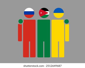 Russia, Jordan, and Ukraine National Flags With Embracing Body. Vector Illustration. Isolated background.
