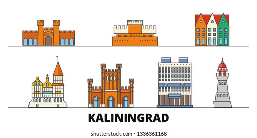 Russia, Kaliningrad flat landmarks vector illustration. Russia, Kaliningrad line city with famous travel sights, skyline, design. 