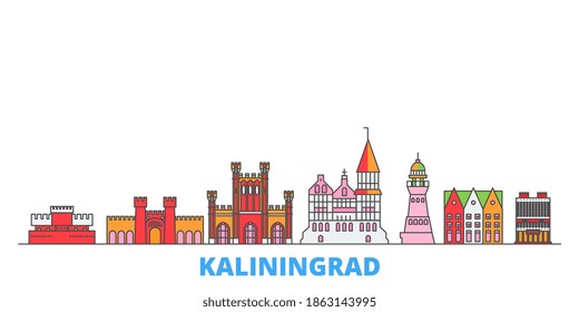 Russia, Kaliningrad line cityscape, flat vector. Travel city landmarks, outline illustrations, line world icons