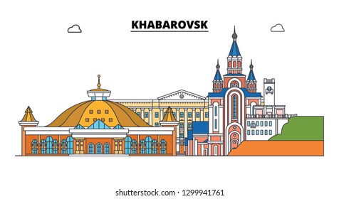 Russia, Khabarovsk. City skyline: architecture, buildings, streets, silhouette, landscape, panorama. Flat line, vector illustration. Russia, Khabarovsk outline design.