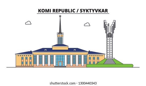 Russia, Komi Republic, Syktyvkar. City skyline: architecture, buildings, streets, silhouette, landscape, panorama. Flat line, vector illustration.