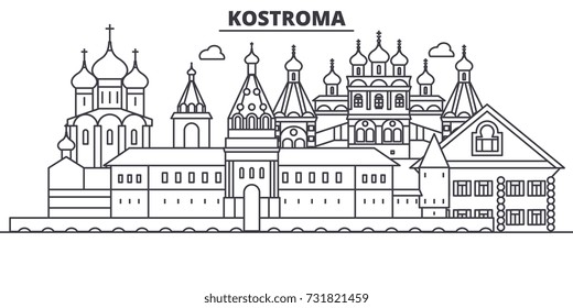 Russia, Kostroma architecture line skyline illustration. Linear vector cityscape with famous landmarks, city sights, design icons. Landscape wtih editable strokes