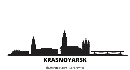 Russia, Krasnoyarsk city skyline isolated vector illustration. Russia, Krasnoyarsk travel black cityscape