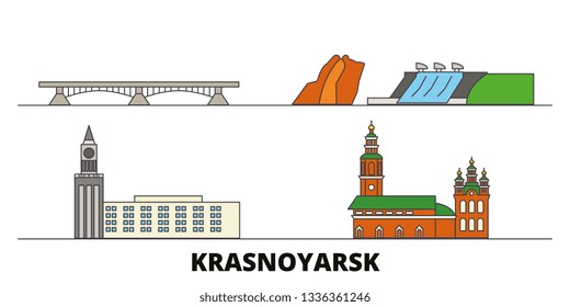 Russia, Krasnoyarsk flat landmarks vector illustration. Russia, Krasnoyarsk line city with famous travel sights, skyline, design. 