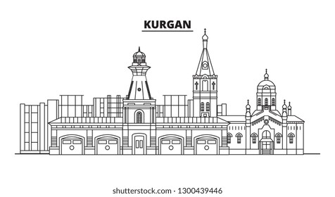Russia, Kurgan. City skyline: architecture, buildings, streets, silhouette, landscape, panorama, landmarks. Editable strokes. Flat design, line vector illustration concept. Isolated icons