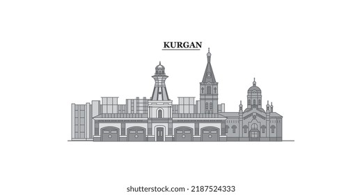 Russia, Kurgan city skyline isolated vector illustration, icons