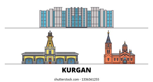Russia, Kurgan flat landmarks vector illustration. Russia, Kurgan line city with famous travel sights, skyline, design. 