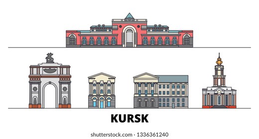 Russia, Kursk flat landmarks vector illustration. Russia, Kursk line city with famous travel sights, skyline, design. 