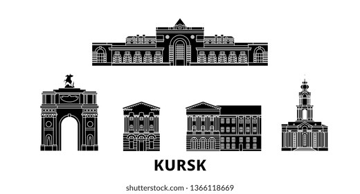 Russia, Kursk flat travel skyline set. Russia, Kursk black city vector illustration, symbol, travel sights, landmarks.