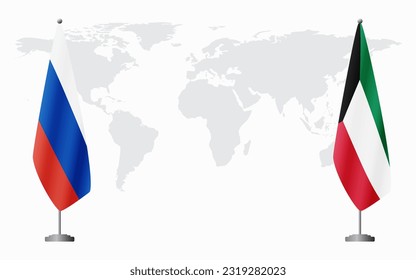 Russia and Kuwait flags for official meeting against background of world map.