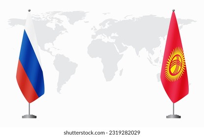 Russia and Kyrgyzstan flags for official meeting against background of world map.