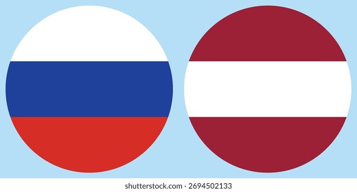 Russia and Lativa circular flag vector with light blue background 