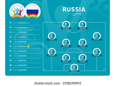 Russia line-up Football 2020 tournament final stage vector illustration. Country team lineup table and Team Formation on Football Field. Euro 2020 soccer tournamet Vector country flags.