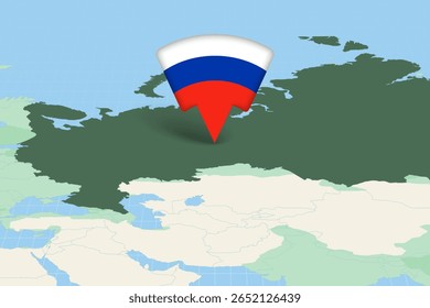 Russia Location Highlighted on Map with Flag Icon. Detailed Vector Design.