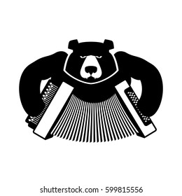 Russia logo bear with accordion. Russian folk musical instrument. National wild animal sign

