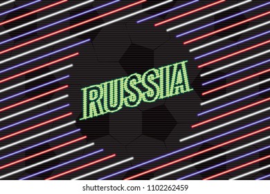 Russia Logo Lettering Glowing Neon Sign Style in Blank Space Created by Repeating Lines - Blue Green Red and White on Black Soccer Ball Texture Background - Vector Flat Graphic Design