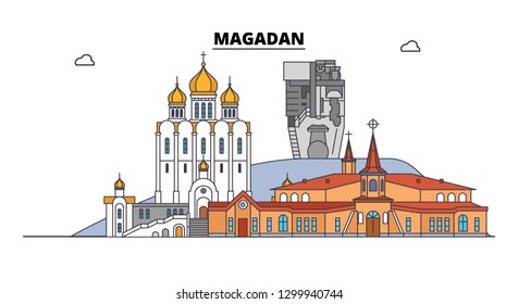 Russia, Magadan. City skyline: architecture, buildings, streets, silhouette, landscape, panorama. Flat line, vector illustration. Russia, Magadan outline design.