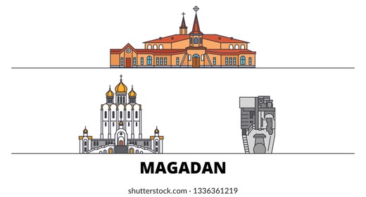Russia, Magadan flat landmarks vector illustration. Russia, Magadan line city with famous travel sights, skyline, design. 
