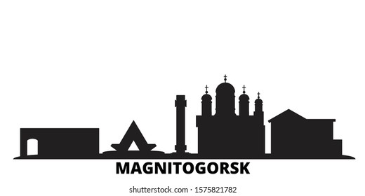 Russia, Magnitogorsk city skyline isolated vector illustration. Russia, Magnitogorsk travel black cityscape