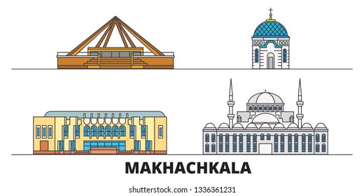 Russia, Makhachkala flat landmarks vector illustration. Russia, Makhachkala line city with famous travel sights, skyline, design. 