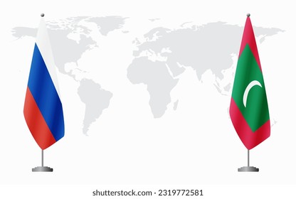 Russia and Maldives flags for official meeting against background of world map.