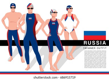 Russia : Male and Female Swimmers : Swimmers in National Swimsuits : Vector Illustration