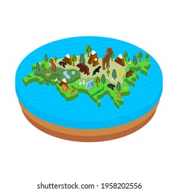 Russia map 3d. Russian flora and fauna. Trees and animals