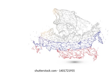 Russia map with bear from lines, triangles and particle style design. Illustration vector