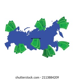 Russia map in blue with money bills around. Money leaving the center of the country. Economy of russian country. White background. Isolated.