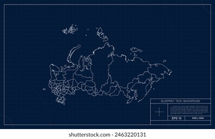 Russia Map with Blueprint Tech Style Background.