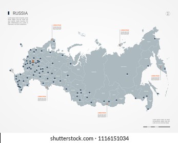 Russia map with borders, cities, capital Moscow and administrative divisions. Infographic vector map. Editable layers clearly labeled.