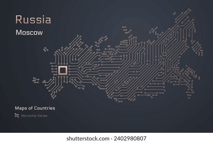 Russia Map with a capital of Moscow Shown in a Microchip Pattern with processor. E-government. World Countries vector maps. Microchip Series. SHOTLISTbanking	
