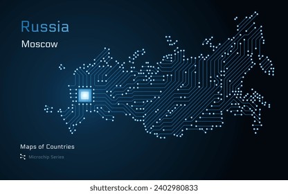 Mapa de Rusia con la capital de Moscú mostrado en un modelo de microchip con procesador. Gobierno electrónico. Mapas vectoriales de países del mundo. Serie de microchips. SHOTLISTbanking	
