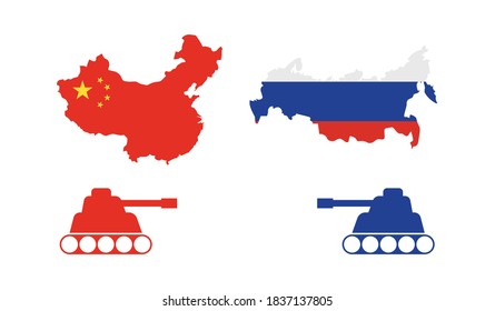 Russia map and China map with tank facing each other vector on a white background