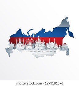 Russia map concept with flag and famous landmark for travel postcard and poster, brochure, advertising in paper cut style vector illustration