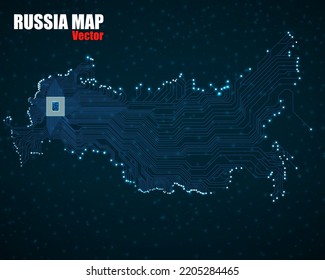 Russia map with cpu. Glowing circuit board. Neon technology background. Vector illustration