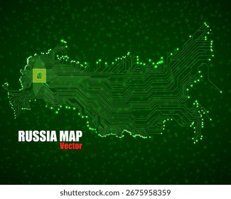 Russland Karte mit CPU. Leuchtende Leiterplatte. Neontechnologie-Hintergrund. Vektorgrafik